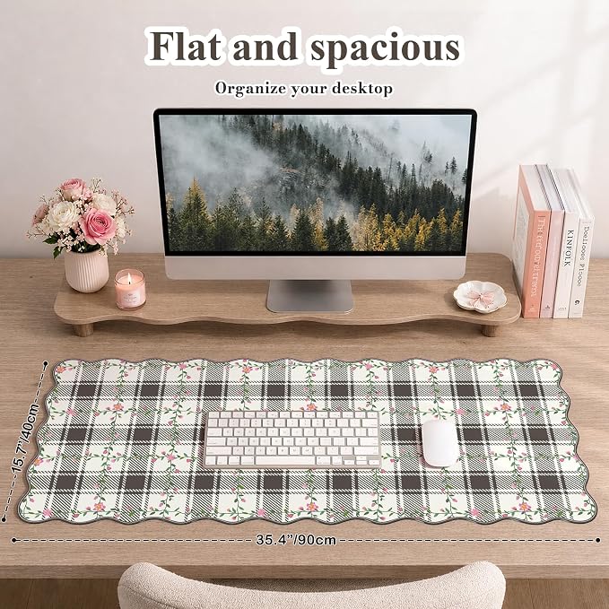 iCasso Retro Flowers Mouse Pad, XXL Large Leather Mouse Pad,Back to School Desk Matt for Desktop Protector, Anti-Slip Mousepad with Scalloped Stitched Edges for Laptop Computer Keyboard(Black)