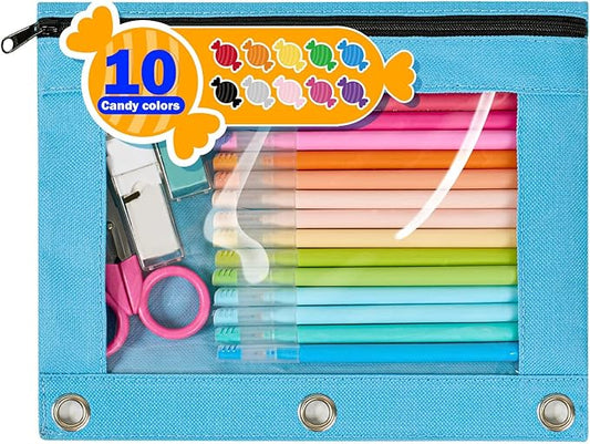Forvencer Zippered Pencil Pouches, Premium Heavy-Duty Zippers, Aesthetic 3 Ring Pencil Case, Candy Colors, Cute Clear Top Binder Pouch, Colorful Zipper Pencil Bag for Girls Boys Adults, Baby Blue