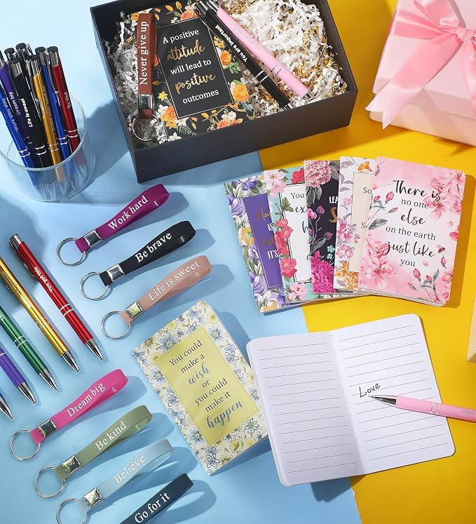 PerKoop 48 Pcs Inspirational Gifts Bulk Motivational Notepads Ballpoint Pens Keychains Set Floral Flower Journal Notebooks Christian Gifts for Teachers Office Party Favor Supplies