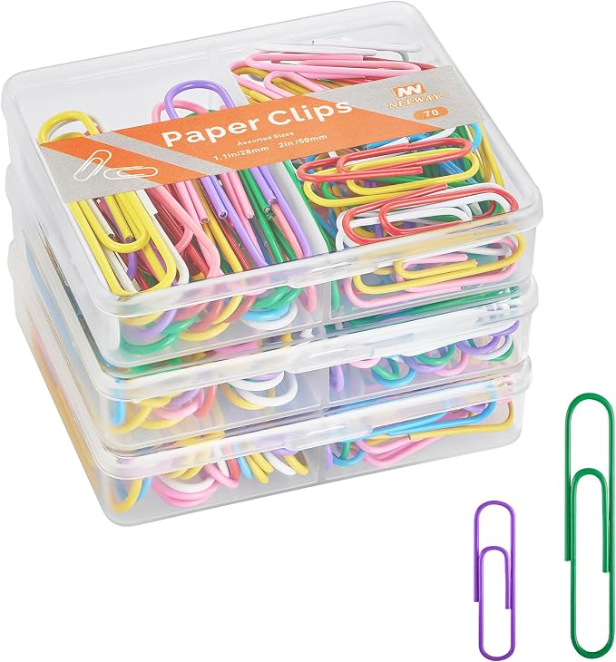 NEEWAY Colorful Paper Clips Assorted Sizes, Small and Large Paperclips, 210 Count, 3 Pack of 70 (Multicolor)