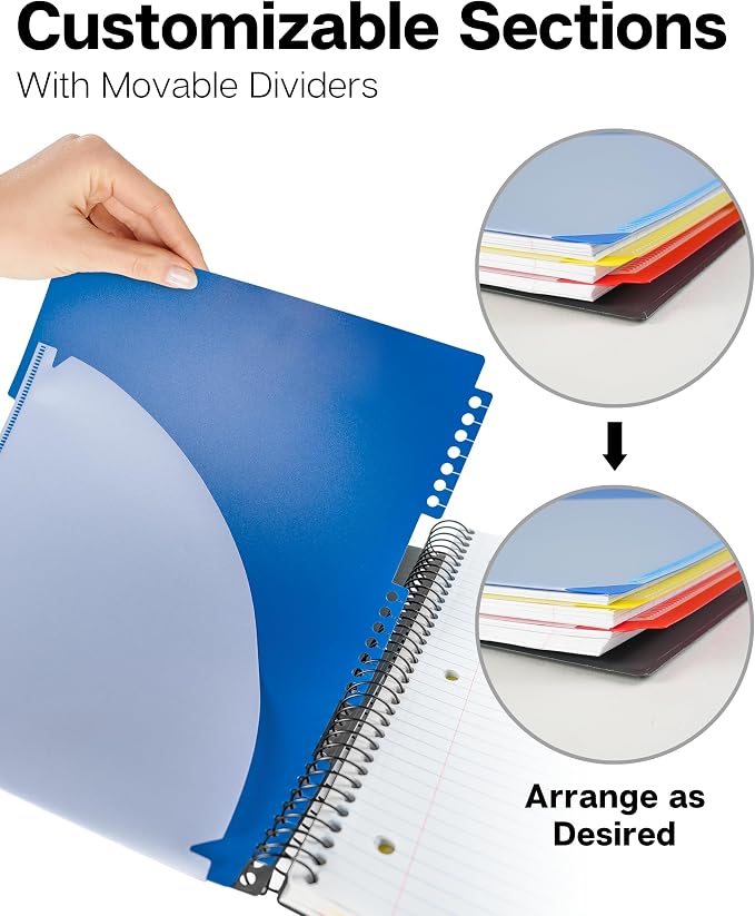 Dunwell 3-Subject Notebook College Ruled 8.5 x 11 (Black), 150 Sheets (300 Pages), Spiral Notebook 8.5x11 with Tabs, Movable Dividers, Storage Pockets, Protective Plastic Covers