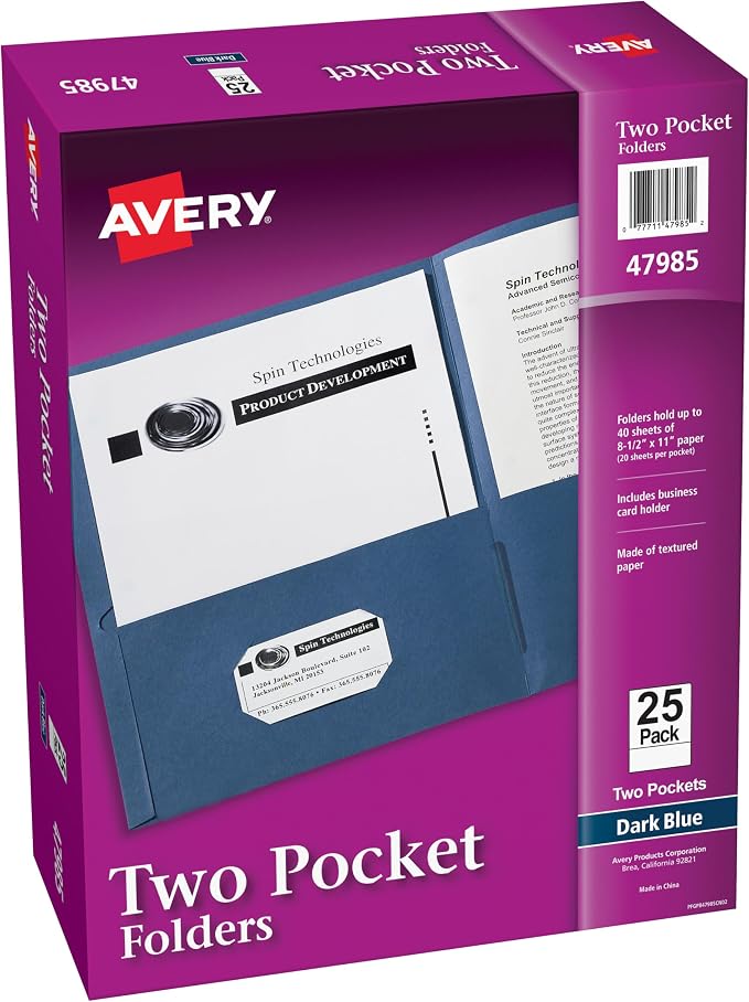 Avery Two Pocket Folders, Holds up to 40 Sheets, Business Card Slot, Ideal for Portfolios, Presentations and School, Dark Blue, 25 per Box, 125 Total (5 Packs of 47985)