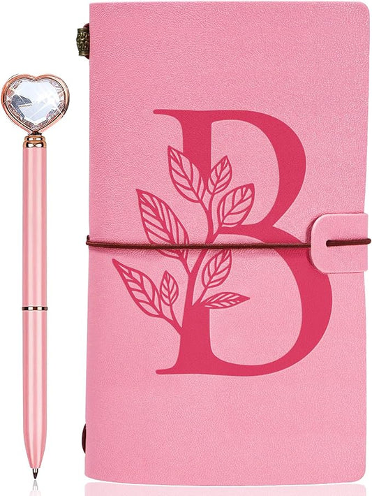 Personalized Journal Gift-Pink Initial Leather Journal+Heart Diamond Pen Set,Travel Notebook Diary Gifts,Refillable Notepads,Christmas,Birthday Gifts for Women Girls (7.9"x4.7") (B)