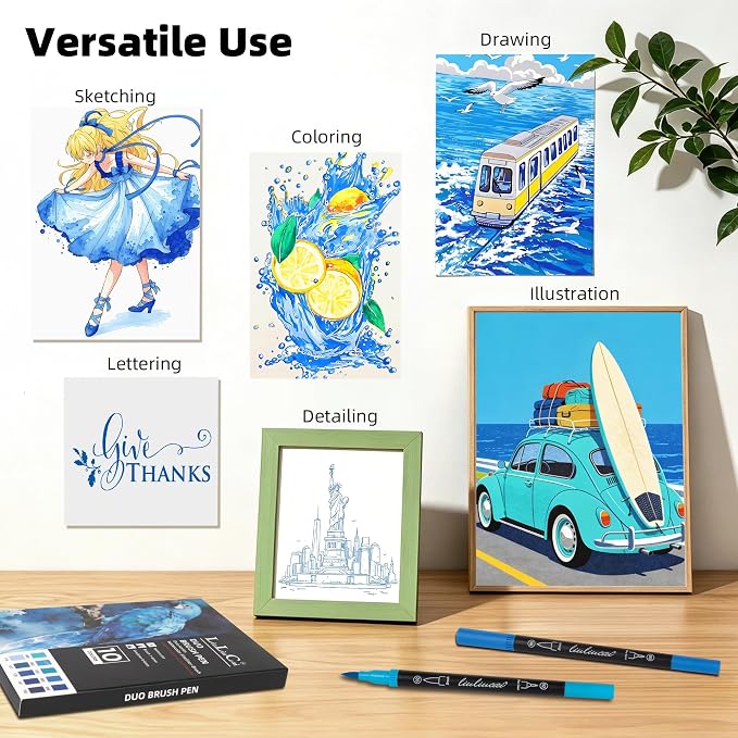 LIULIUCAI 10 Blue Dual Markers, Fine & Brush Tip Pen for Adult Coloring | Ocean Blue Markers, Coloring Pens for Sky Sea, Water Effects, Calming Art, Outlining Journaling Calligraphy Illustration
