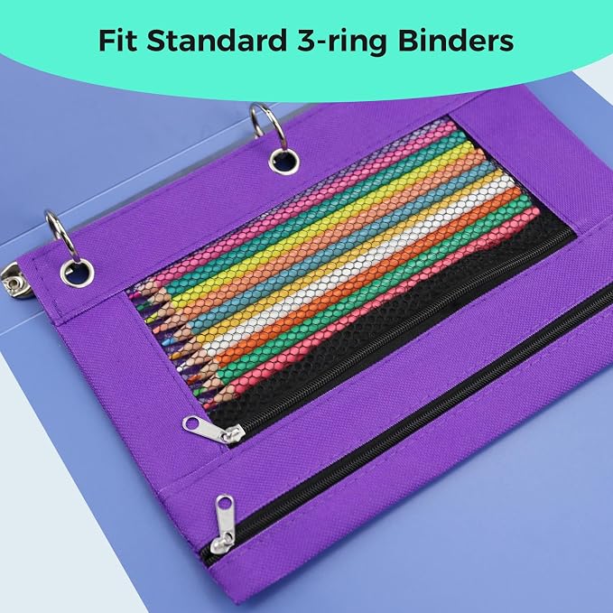 Pencil Pouch for 3 Ring Binder, Pencil Case with Zipper, 600D Fabric Pencil Pouch Bag Holder Accessories, Clear Window Pencil Case Aesthetic Back to School Organizer Pockets for Boy Girl (Purple)