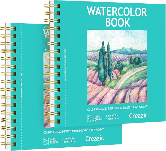 Creazic 2-Pack 5.5"x5.5" Square Watercolor Sketchbook (140lb/300gsm) | Premium Artist Paper, Spiral Bound & Microperforated | Travel Pad for Watercolor, Hand Lettering, Sketches, Adults & Beginners