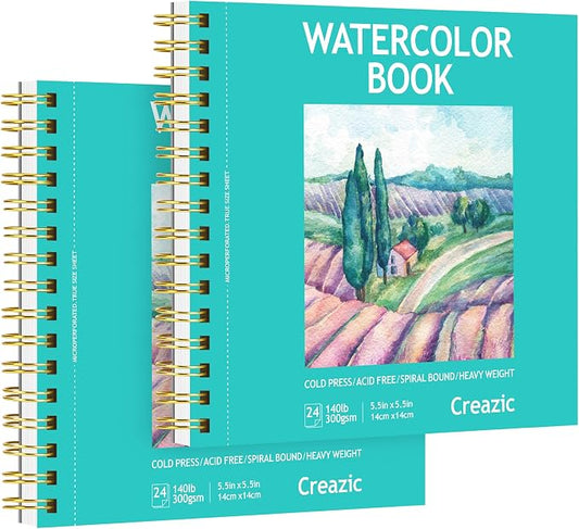 Creazic 2-Pack 5.5"x5.5" Square Watercolor Sketchbook (140lb/300gsm) | Premium Artist Paper, Spiral Bound & Microperforated | Travel Pad for Watercolor, Hand Lettering, Sketches, Adults & Beginners