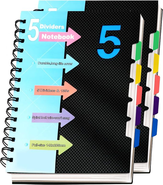 CAGIE 2 Pack 5 Subject Notebook, Small Spiral Notebook with Tabs | 6.1'' x 8.2'', A5 Spiral Notebooks College Ruled, 240 Pages Note book for School Note Taking, Black