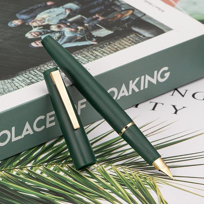 Jinhao 80 Dark Green Fiber Brushed Fountain Pen, Iridium Ultra Fine Gold Nib with Ink Converter, Classic Design Smooth Writing Pen (Gold Clip)