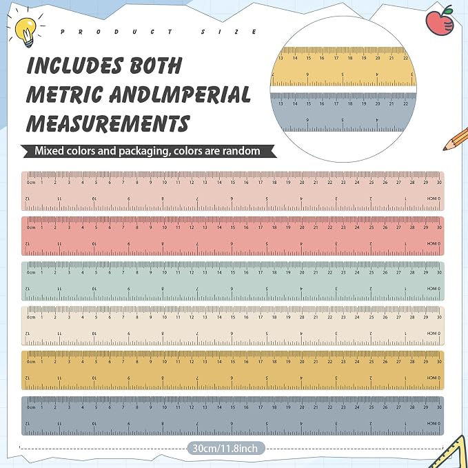 120 Pcs Clear Plastic Ruler Bulk 12'' Colorful Ruler for Classroom with Inch Centimeter for Teacher Student Back School Office Supplies Tool Operation Measuring Drawing(Bohemian Colors)