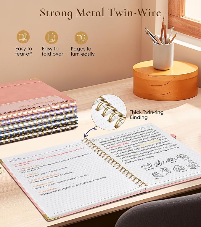 Hardcover Spiral Notebook Journal 8.5” x 11”, A4 Large Leather Notebooks for Women Men, Lined College Ruled Notebook, 100 GSM Paper, Spiral Bound Journals for Work School Note Taking Business, Pink