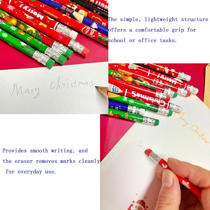 72PCS Wooden cased Christmas Pencils for Kids with Erasers, Wood Pencils for School,Drawing,Gift (72PCS) (Christmas, 72)