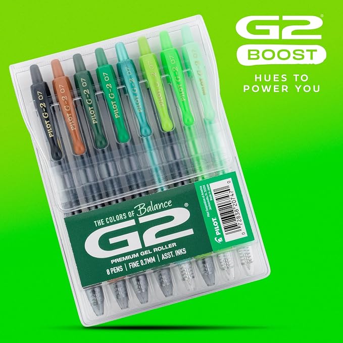 Pilot G2 Premium Gel Roller Pens, G2 Boost Green Pens Pack, The Colors of Balance, 8 Pack Pouch, Fine Point 0.7 mm, Assorted