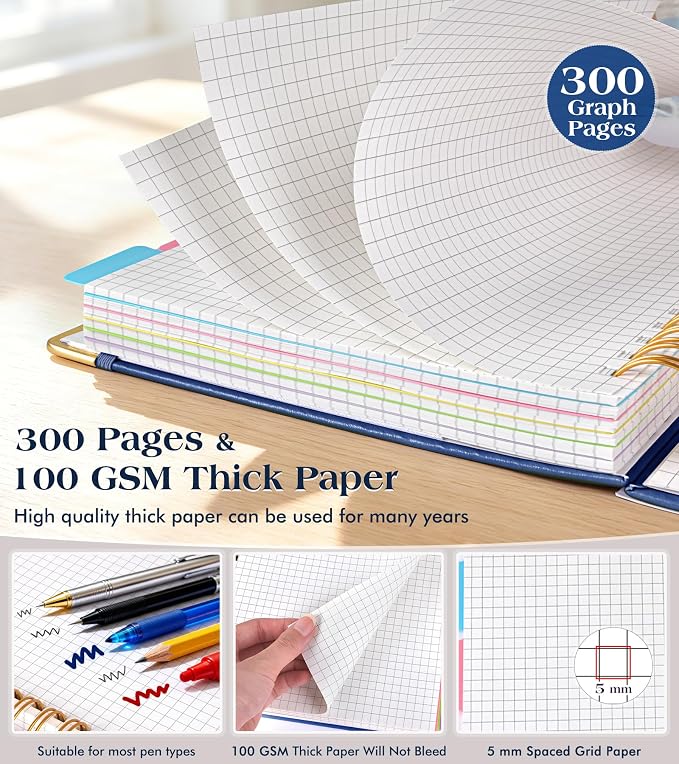 5 Subject Graph Paper Notebook with Removable Dividers Tabs, 300 Pages Hardcover Leather Grid Spiral Journal, 8"x10" B5 Large Graphing Notebooks for Women Men Work School College Engineering, Navy