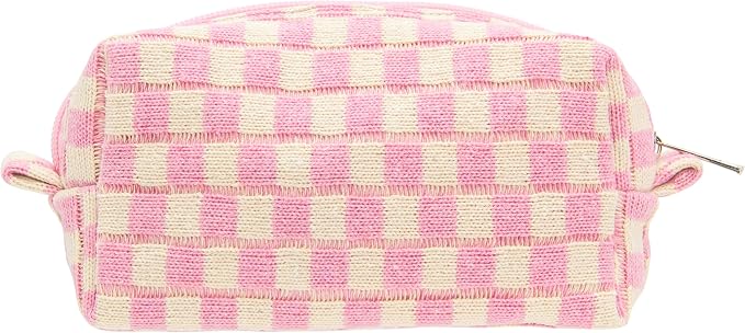 Checkered Makeup Bag for Purse, Small Travel Cosmetic Pouch,Pink Beige | Cute Zipper Makeup Organizer for Women, Travel Essentials, Toiletries, Makeup Brushes, Beauty Accessories&Bridesmaid Gifts