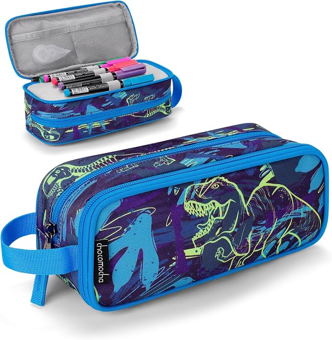 Choco Mocha Boys Pencil Case for Kids, Soft Large Zipper Pencil Pouch for Boys with 2 Compartments Boy Pencil Case for School Dinosaur Pencil Bag, Navy Blue