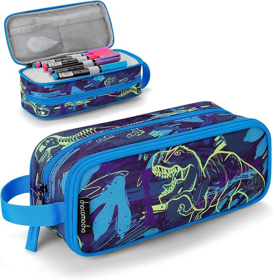 Choco Mocha Boys Pencil Case for Kids, Soft Large Zipper Pencil Pouch for Boys with 2 Compartments Boy Pencil Case for School Dinosaur Pencil Bag, Navy Blue