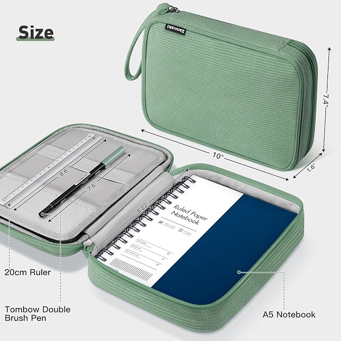 Zannaki Large Capacity Pencil Pouch Organizer | Soft Corduroy Pencil Box for Girls Boys Teens | Cute Big Pen Bag with Multiple Zipper Pockets - Pencil Case Storage for Art Supplies & Stationery-Green