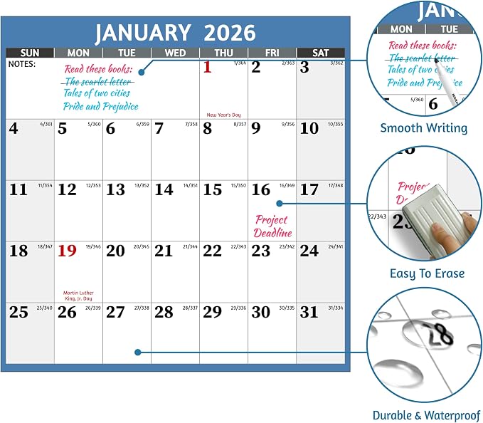 2026 Dry Erase Calendar – Large Yearly Wall calendar 2026, 33.7'' x 45.1'', 2-Side Reversible Calendar 2026, Vertical/Horizontal, Jan 2026 – Dec 2026, 2026 Wall Calendar with Notes, Stickers - Light Blue