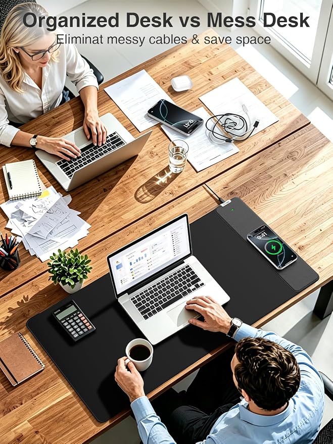 Wireless Charging Mouse Pad, 31.5"x15.8" Large Desk Mat, Smooth Glide | Waterproof Mousepad, Stitched Edge, Non-Slip Rubber Base, Desk Pad Computer Keyboard Mat, No Adapter