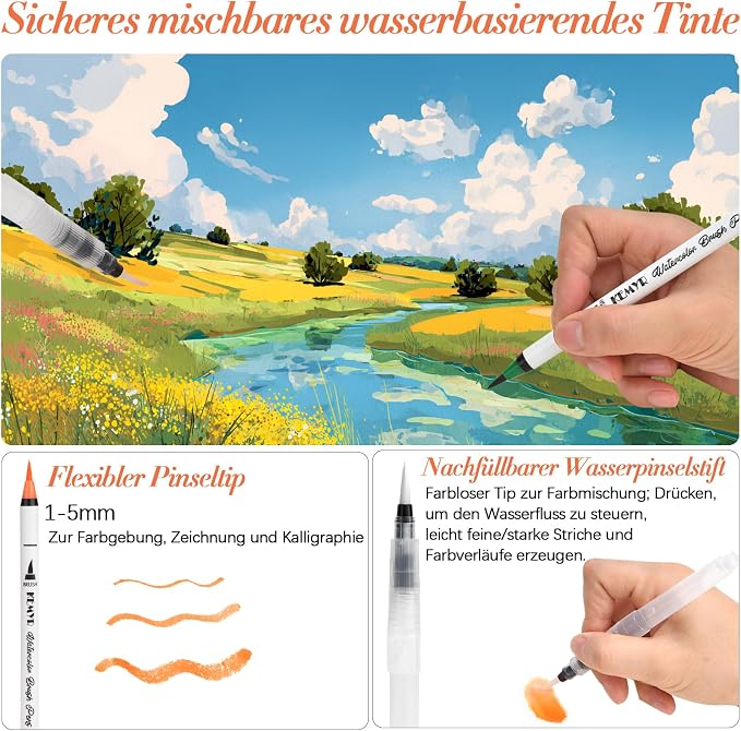 KEMYR Watercolor Brush Pens,72 Colors Brush Tip Pens for Watercolor Painting, 3 Aquapen Blending Brush,Watercolor Markers for Artists and Beginner Painters Coloring Books, Calligraphy,Manga