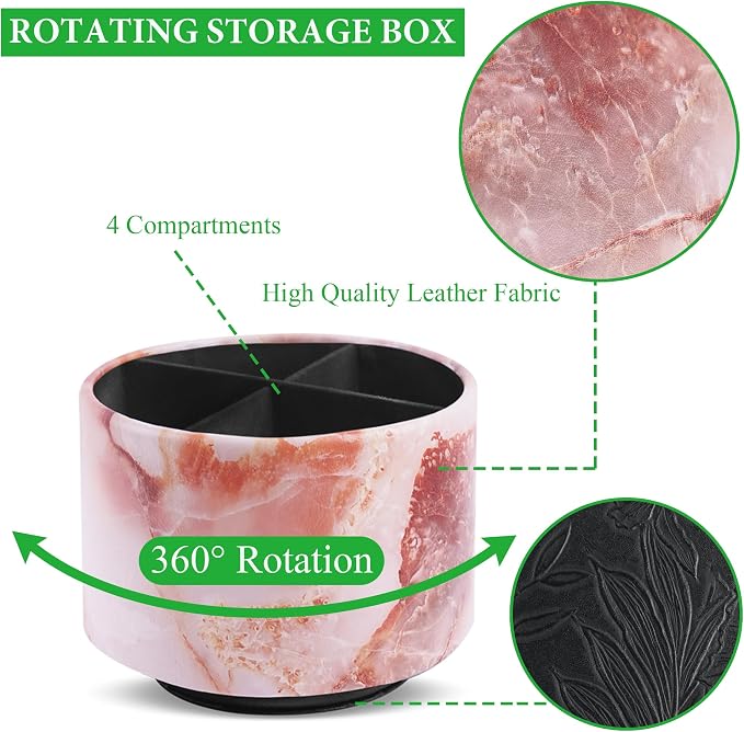 Round Leather Art Supply Organizer,Remote Control Holder,360-degree Rotating Pen Organizer with 4 Compartments(1-Marble Pink)