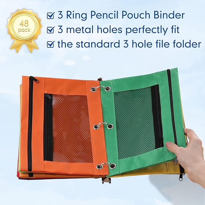 Leelosp 48 Pack Pencil Pouch for 3 Ring Binder Mesh Zipper Pencil Case Bags Binder Pouches Bulk for School Writing Utensils Storage Supplies (Multi-color)