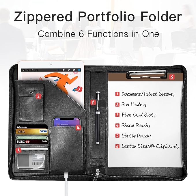 WRIYES Zippered Padfolio Organizer, 10.2 Inch Portfolio Folder, Black | Leather Planner Binder, For Documents, Letter Size, Business Card Holder, For Men&Women