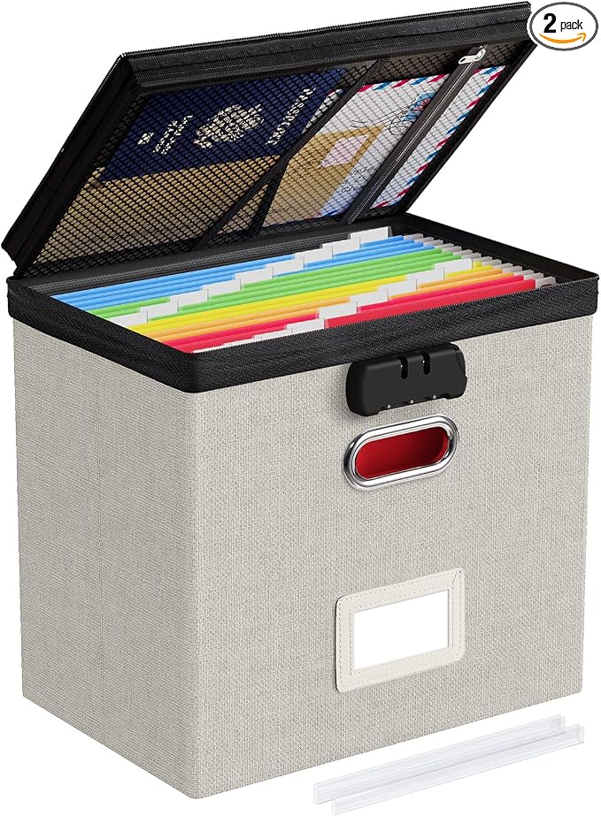 Oterri Lockable File Box Small 1-Pack Hanging Organizer for Letter-Size | Dustproof Lid. 3 Mesh Pockets. Collapsible Scratch-Resistant GRS Linen. Slide Rails. Office, Home, Dorm