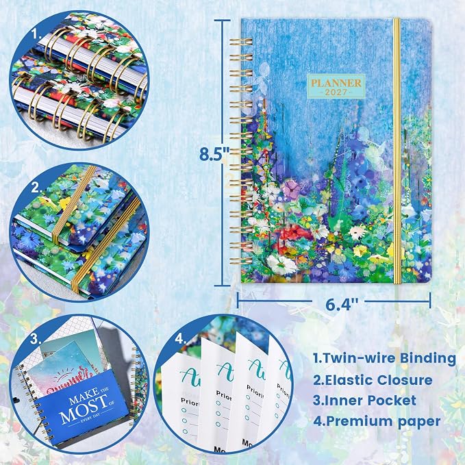 2027 Planner - 6.4" x 8.5", 2027 Planner Weekly and Monthly from Jan. - Dec.2027, 27 Calendar with Monthly Tabs, Sturdy Cover, Premium Paper, Strong Twin-wire, Back Pocket