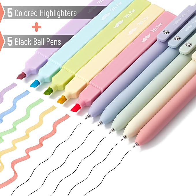 Mr. Pen- Aesthetic Highlighters and Gel Pens, 10 Pack | Assorted Colors Bible Highlighters No Bleed, Black Ink Gel Pens, Fast Dry and No Smear for Bible Journaling, Planner