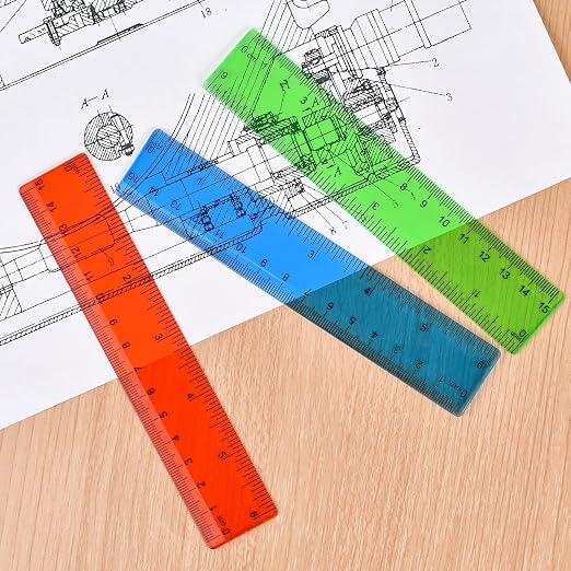 Unjoo Clear Plastic Ruler 6 Inch Straight Rulers, Assorted Colors (8 Pack) | Shatterproof Ruler with Inches and Centimeters, Easy-to-Read Markings, Drafting Ruler for School Classroom, Home, or Office