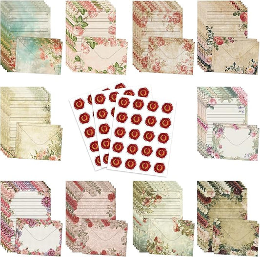 160 Pcs Stationery Paper Envelopes Set Includes 50 Lined Writing Paper & 50 Envelopes with 60 Colorful Round Dot Stickers, Vintage Floral Letter Writing and Stationery Paper Envelopes(10Style)