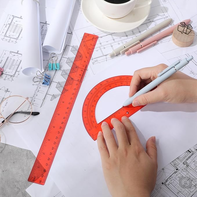 Zonon 2 Pcs 12 Inch Clear Ruler and 6 Inch Plastic Protractor Set, Dual Scale Inch/Cm Math Geometry Measuring Tools for Back to School Students Teachers Classroom Office Drafting Use(Red)