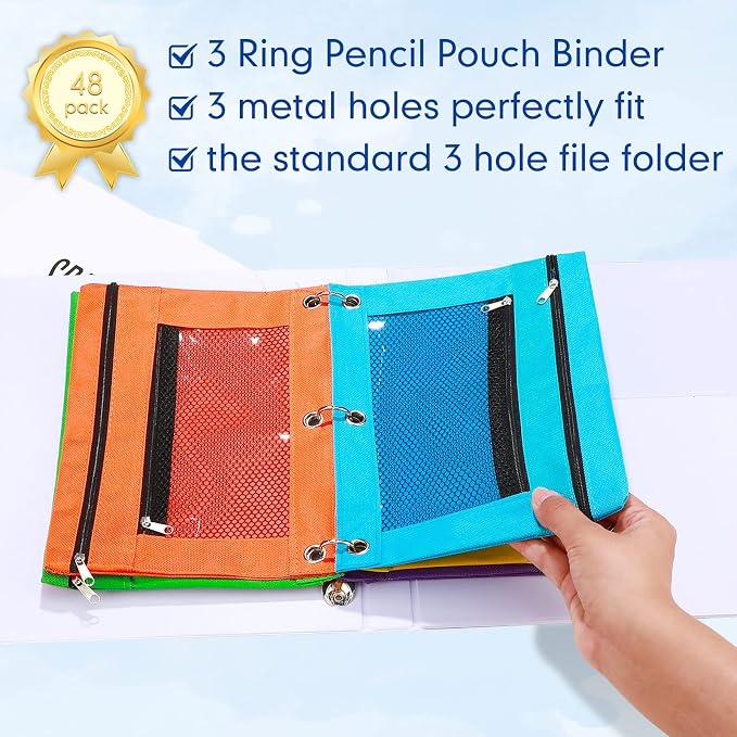 Leelosp 60 Pack Pencil Pouch for 3 Ring Binder Mesh Zipper Pencil Case Bags Binder Pouches Bulk for Writing Utensils Storage Supplies (Red,Orange,Yellow,Green,Aqua,Purple)
