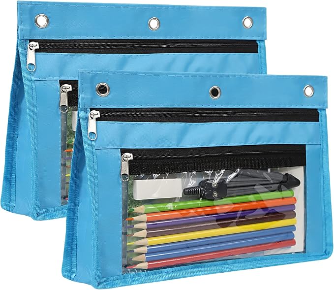 YoeeJob 2 Pack 1 Inch Expandable Zipper Pencil Pouches with Clear Window for 3 Ring Binder, Suitable for School & Office(Sky Blue)