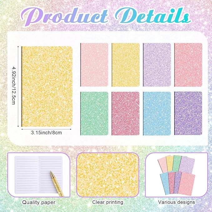 Sayglossy 16 Pack Glitter Pens and Notepads Set 8 Mini Glitter Pocket Notebooks 8 Fancy Sparkly Ballpoint Pens Stationery Gifts for Women Teacher Journaling School Office Supplies (Pastel Color)