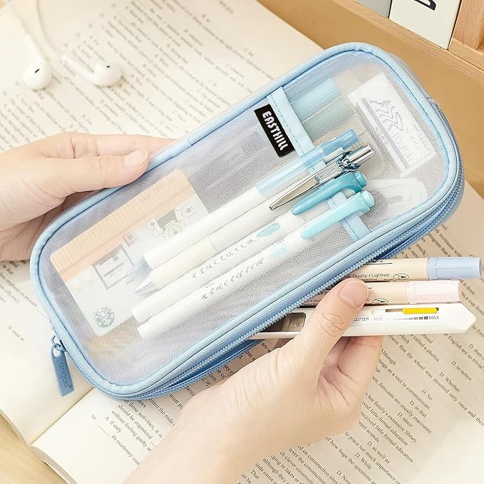 EASTHILL Grid Mesh Pen Pencil Case with Zipper Clear Makeup Color Pouch Cosmetics Bag Multi-Purpose Travel School Teen Girls Transparent Stationary Bag Office Organizer Box for Adluts(Blue)