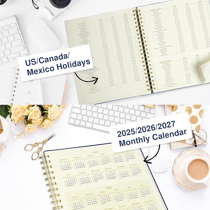 AuroPlanner Undated Daily Planner To Do List Hourly Schedule 2028 2027 2026 Calendar & Holiday Habit Tracker 180 Pages Letter Size 8.5" x 11" Sheets Hardcover Spiral Bound Notebook (Navy Blue)