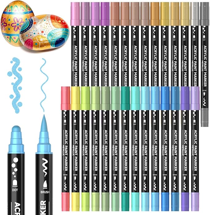 Shuttle Art 28 Metallic Colors Dual Tip Acrylic Paint Markers, Brush Tip and Dot Tip Acrylic Paint Pens for Rock, Ceramic, Wood, Canvas, Plastic, Glass, Stone, Calligraphy, Card, DIY Football Crafts