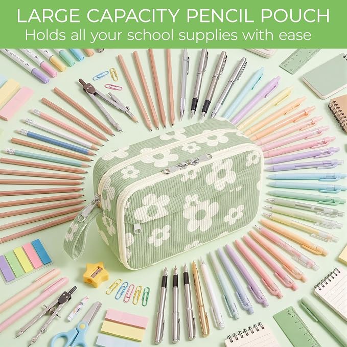 WOBAGMEN Cute Pencil Case,Large Corduroy Zippered Pencil Case Pouch, aesthetic Pencil Bag with Compartments, Pencil Pouch School Supplies (Cute Green Floral)