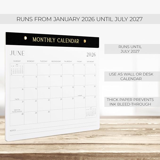 Aesthetic 2026-2027 Desk Calendar - Runs From January 2026 Until July 2027 - Minimalistic Office Desktop/Wall Calendar 14.5"x11.5" for Easy Organizing