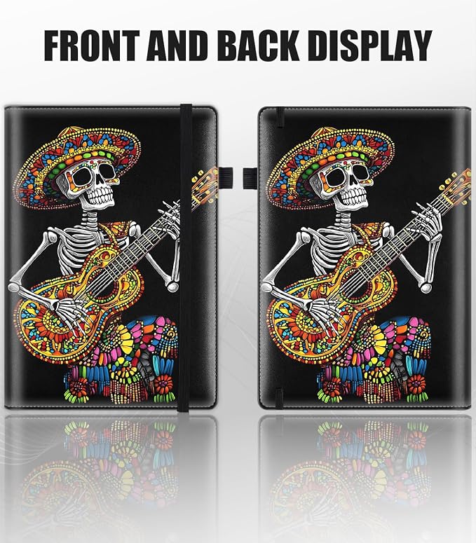 Hardcover Executive Notebooks, A5 PU Leather Lined Journal Notebook, 200 Pages Thick Paper Subject Notebooks for School,Work,Home Writing Business Notebook, Diary Book ，Skull Guitar Huichol