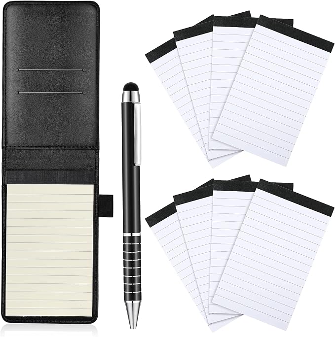 Outus 10 Pcs Mini Pocket Notepad Holder Set Included Small Leather Pocket Notebook Holder with 50 Lined Sheets, Metal Pen, 8 Pcs 3 x 5 Inch Memo Book Refills, 30 Lined Paper Per Note Pad (Black)