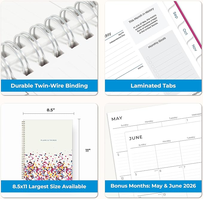 Blue Sky 2026-2027 Weekly and Monthly Academic Year Student Planner Calendar, July 2026 - June 2027, 8.5" x 11", Flexible Cover, Wirebound, Laminated Tabs, Star Confetti Bright