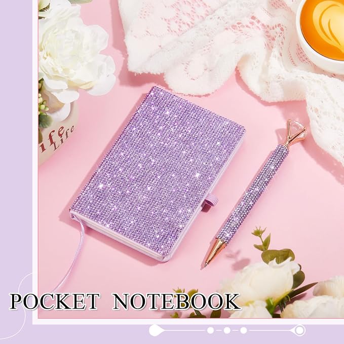 Rhinestone Pen & Glitter Notebook Set, Hard Cover Bling Diary Journal for Girls, Cute School Supplies for Back to School, Sparkly Desk Accessories Gift for Women(Rhinestone,A6,Purple)