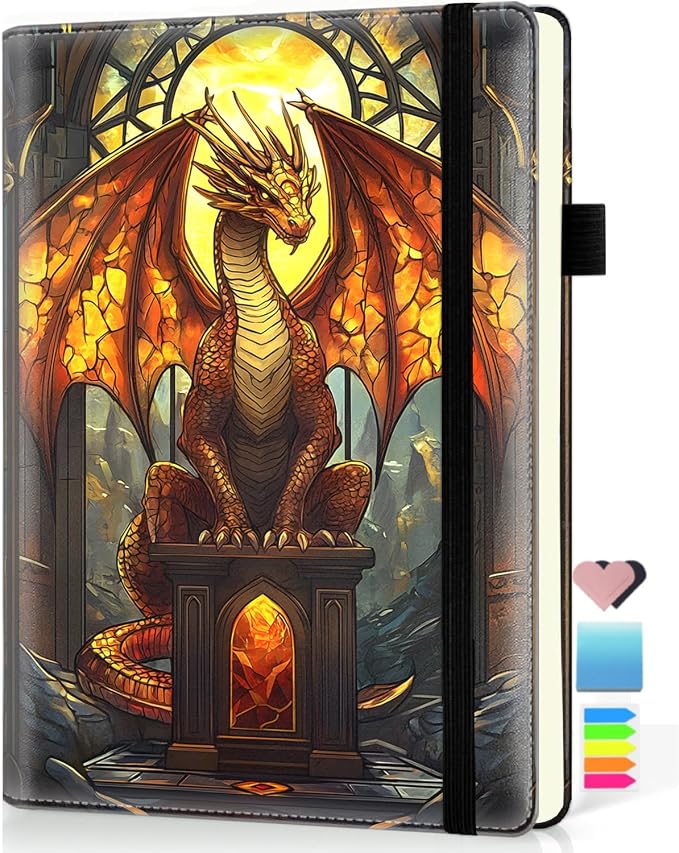 Hardcover Executive Notebooks, A5 PU Leather Lined Journal Notebook, 200 Pages Thick Paper Subject Notebooks for School,Work,Home Writing Business Notebook, Diary Book,Stained Glass Red Glass Dragon