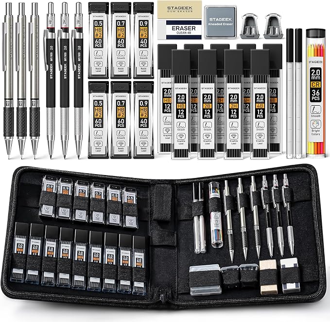 STAGEEK Drawing Pencil Set with Canvas Bag 30 Count, Mechanical Pencils 0.5, 0.7, 0.9MM & 3PCS 2MM Sketch Pencils with 464PCS Lead Refills (6B 4B 2B HB 2H 4H Color) for Artist Drafting Drawing
