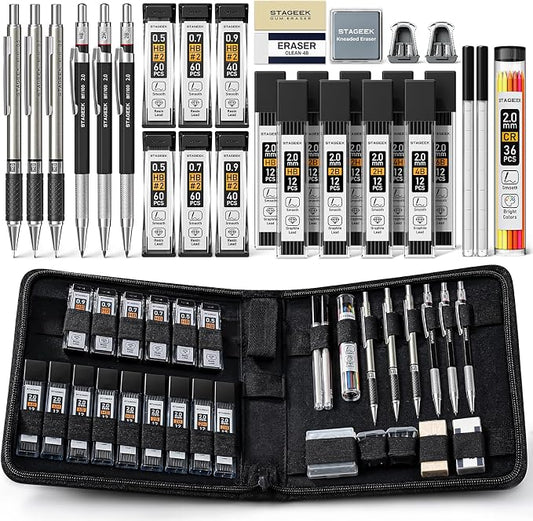 STAGEEK Drawing Pencil Set with Canvas Bag 30 Count, Mechanical Pencils 0.5, 0.7, 0.9MM & 3PCS 2MM Sketch Pencils with 464PCS Lead Refills (6B 4B 2B HB 2H 4H Color) for Artist Drafting Drawing