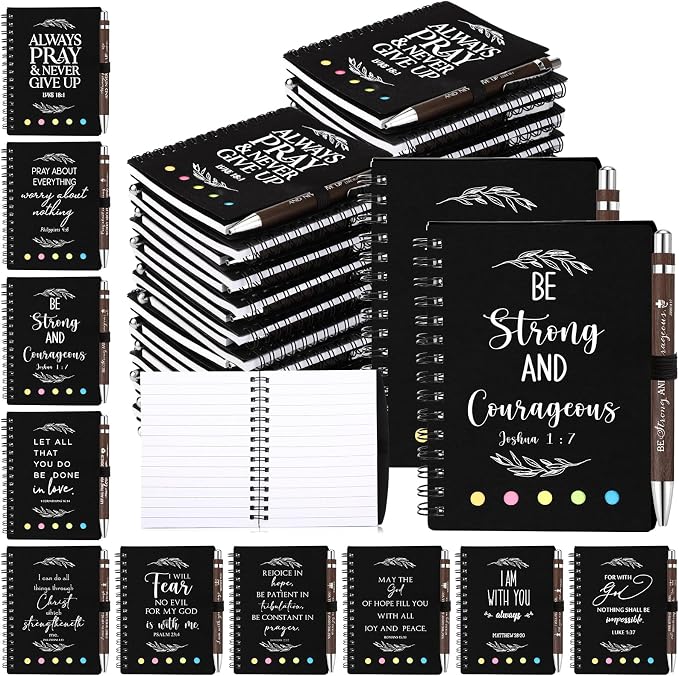 Kosiz 40 Pcs/20 Set Christian Gift Bulk Bible Verse Bamboo Pen Spiral Bible Notebook with Notes Religious Basket Stuffers for Back to School Teacher Church Members Coworker (Black)